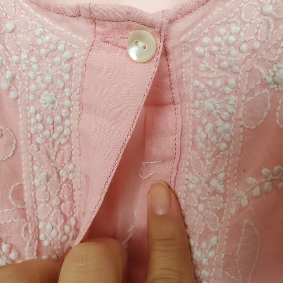 Vintage Hand Embroidered Pink Cotton Floral Bohemian Henley Womens Medium - Picture 7 of 9